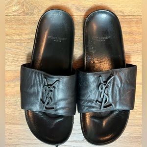 Yves Saint Laurent Joan YSL Leather Flat Slides Sandals Shoes Black size 38